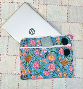 Handmade Quilted Cotton Laptop Sleeve Bag Boho Vintage Style Travel Case Zipper Closure Various Block Printed Designs Available - Product Image 1