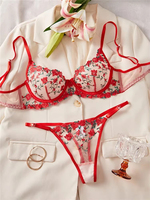Nouvelle Collection de Lingerie Sexy : Ensemble Soutien-Gorge et Culotte en Dentelle Transparente, Broderie Florale, Sous-vêtements Rouges Sans Coutures, Style Exotique