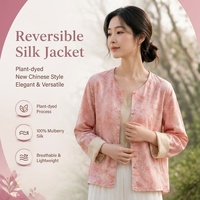 Veste courte réversible en soie de mûrier teinte végétale pour femme, motif vague chinoise, nouveau style chinois, cardigan en soie pour le printemps