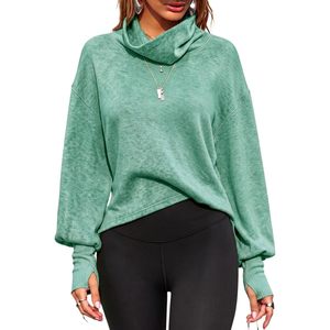 Custom Womens Mock Neck Cropped Pullover Long Sleeve Sweatshirt Cowl Neck Boxy Fit Thumbholes Side Slits <b>Balloon</b> Sleeve - Product Image 1