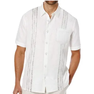 사용자 정의 스트라이프 자수 또는 인쇄 디자인 쿠바 Guayabera 남성 셔츠 통기성 짧은 소매 린넨 셔츠 남성