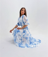Robe mi-longue à imprimé floral pour femme bleu col montant manches bouffantes ceinturée à volants élégante tenue décontractée pour les vacances et la fête