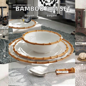 Ensemble d'assiettes de mariage en céramique de style vintage ensemble de dîner en porcelaine avec bord en bambou vaisselle écologique pour la location d'événements de restauration - Product Image 2