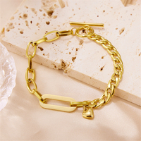 Pulsera de Cadena Mixta Chapada en Oro Real de 18K con Eslabones Ovalados de Acero Inoxidable, Cadena Cubana y Dije de Corazón con Cierre T/O