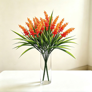 Bouquet de blé artificiel, fleurs en plastique orange, feuilles vertes, arrangement décoratif pour la maison et le bureau - Product Image 4