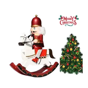 Factory Price 30CM Creative Christmas Decoration Crafts Carved Solid Wood Riding Nutcracker War Horse Puppet Ornaments