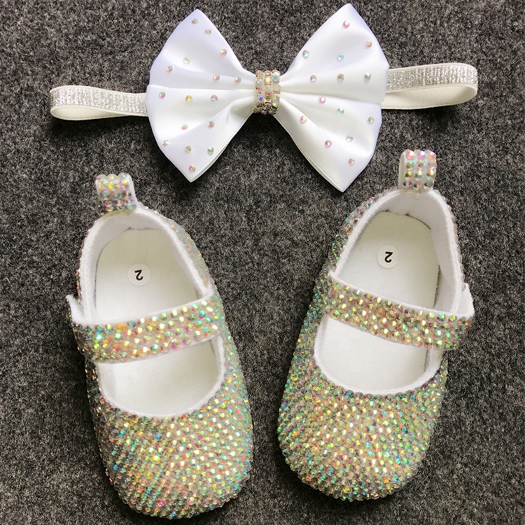 Модные красивые вечерние туфли для девочек, блестящие туфли-желе со стразами и повязкой на голову, набор для новорожденных девочек