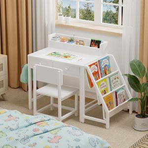 Ensemble <span class=keywords><strong>bureau</strong></span> et chaise blanc pour enfants, pour garçons et filles de <span class=keywords><strong>5</strong></span> à 8 <span class=keywords><strong>ans</strong></span>. Cette station d'étude pour enfants est équipée d'étagères à livres et de tiroirs en tissu. - Product Image 1