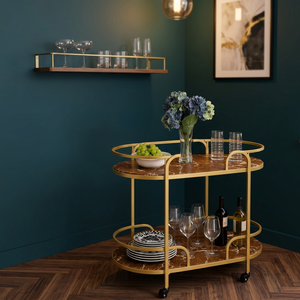 Chariot de bar minimaliste à double niveau avec roulettes, plateau en marbre et structure dorée pour le rangement des boissons dans la cuisine - Product Image 5