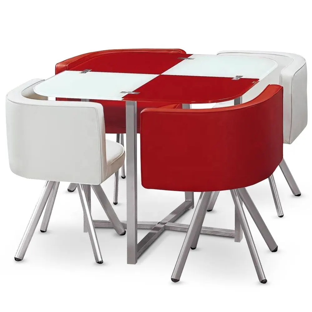 Platzsparendes Esstisch set Tischplatte aus lackiertem Glas mit Metallrohrrahmen-Esstisch mit 4 Pu-Stühlen