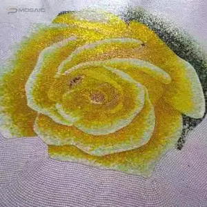 Hand Made Wall Murale Design Mosaic Painting Art Exquisite White Background Golden Rose Flower Pattern Wall Decor Mosaic Tile