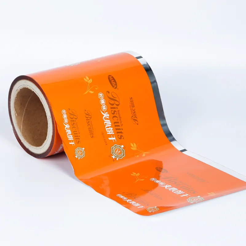 Pellicola in rotolo personalizzata per il confezionamento di biscotti, pellicola in alluminio arancione placcato