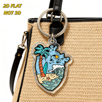 Porte-clés en acrylique Tropical Heart découpé, scène de plage avec palmier, planche de surf et vagues pour les voyageurs, les surfistes, les amateurs d'été