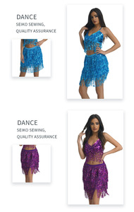 Femmes Satin Danse Du Ventre Crop Top B Débardeur et Jupe Ensemble Hip Sequin Gland avec Ceinture D'espion pour <span class=keywords><strong>Plage</strong></span> Musique Festival Rave Party - Product Image 6
