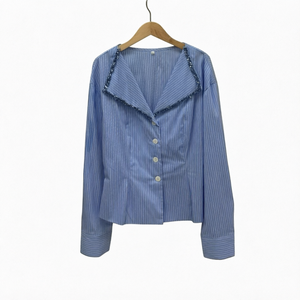 Chemisier rayé bleu pour femme, manches longues, col rabattu, simple boutonnage, taille ajustée, chemise décontractée pour le quotidien - Product Image 1