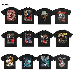 ELHIKO HIPHOP Men Vintage Short Sleeve Oversized T Shirt 220Gsm Cotton Fabric Acid Washed T-shirt