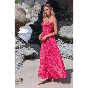 Robe de soirée longue à imprimé floral et col en V noué pour femme, qualité supérieure, personnalisable OEM, vente en gros, bretelles amples, longueur midi, tissage. - Product Image 1
