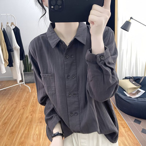 Caramel Cotton Linen Long Sleeve Shirt Women Loose Fit Pocket Design Spring Autumn Casual Top - Product Image 4