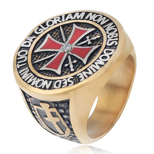 Anillo de los Caballeros Templarios, Cruz Redonda de 25 mm, Acero Inoxidable Dorado con Diamantes, Joyería Religiosa para Hombre - Product Image 5