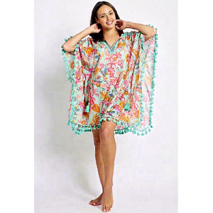 Robe Kaftan en Chiffon Imprimé Floral Grande Taille pour Femme, Bordure à Pompons, Style Bohème Ample, Mini, Sans Manches, Col en V, Taille Naturelle, Décontractée d'Été - Product Image 1