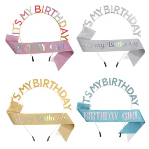 ホットセールそれは私の誕生日クラウンヘッドバンドサッシセット女の子女性プリンセスヘッドアクセサリーのための誕生日パーティーギフトです