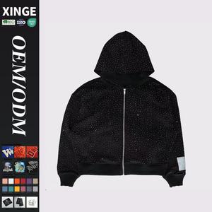 Fabricants de vêtements streetwear : Sweat à capuche zippé en molleton bouclette, personnalisé avec broderie, effet vintage délavé à l'acide, déchiré et orné de strass - Product Image 1