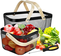 Panier de récolte en treillis métallique avec poignée en bois pliable, panier de rangement pour légumes, fruits, jardin et armoire de cuisine