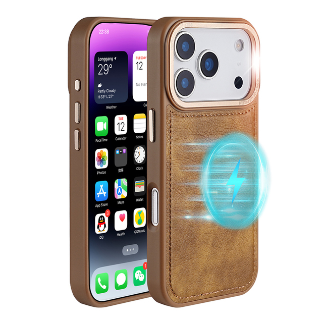 Wireless PU Leather Material Mobile Cover Phone Protector with Metal Button Magnetic Charging Phone Case for iPhone 17 Pro Max