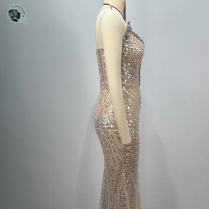 Vestido Largo de Lujo con Lentejuelas Diamante Color Champán para Mujer, Sexy con Escote en V Profundo sin Tirantes y Corte Imperio para Fiestas de Cumpleaños, Celebridades y Cócteles - Product Image 5
