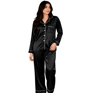 Women's <b>Black</b> Satin Long Sleeve <b>Pajama</b> <b>Set</b> Classic Turn-down Collar Full Length Two-Piece Sleepwear Smooth Material Autumn Wear - Product Image 1
