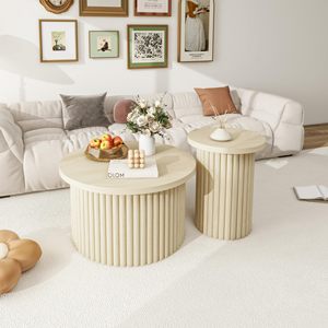 Combohome Nesting Coffee <strong>Table</strong> Set 2 Modern Accent Fluted Base Bamboo Glass Top <strong>Circle</strong> <strong>Side</strong> <strong>Table</strong> Set Minimalist Living Room - Product Image 1