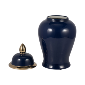 Vaso in ceramica con coperchio, finitura blu navy lucida, per decorazioni per la casa - Product Image 2