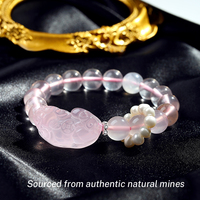 Bracelet en perles de quartz rose naturel de Madagascar, forme sphérique, 10 mm - Charme Feng Shui PiXiu pour la prospérité, pierre de guérison du chakra du cœur, cadeau