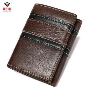 Dompet Pemegang Kartu Ritsleting Kulit Sapi 3 Kali Lipat Pria Tipe Pendek Pemblokir RFID