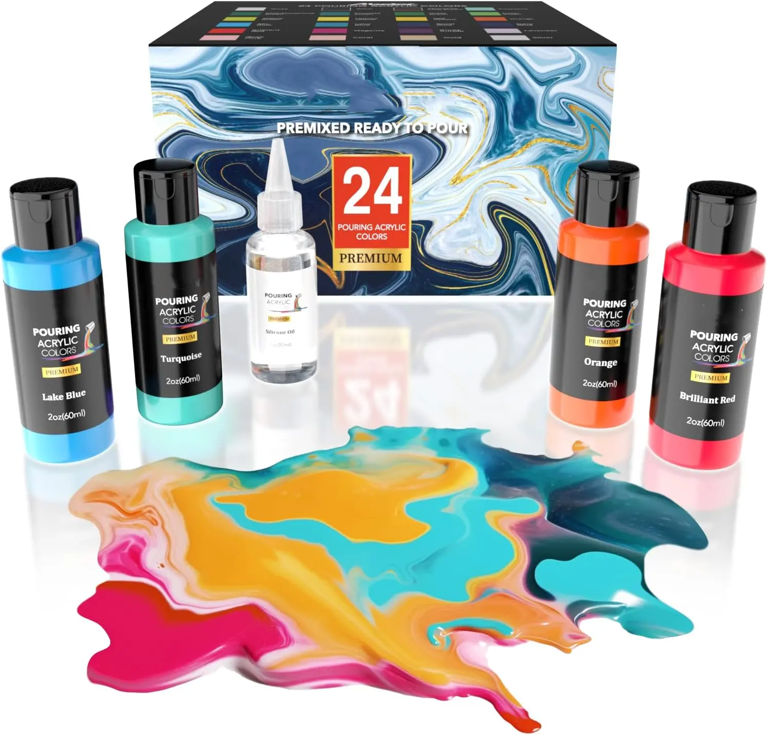 2oz/60ml each Set of 24 Assorted Colors and Silicone Oil /1oz Pre-Mixed High Flow for Canvas Tile Acrylic Pouring Paints Set