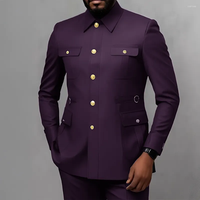 Costume Homme Vert Foncé 2 Pièces Col Montant Blazer Tissu de Costume Tissu Safari Veste Formelle pour Fête Mariage Marié
