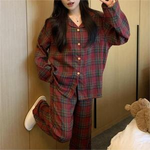 Piyama lengan panjang wanita, dua potong kualitas tinggi modis ledakan kancing bawah kerah rumah liburan Natal Set - Product Image 1