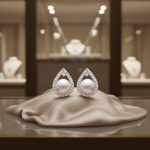 Boucles d'oreilles en or blanc Kewu avec perles et diamants naturels ronds taille brillant couleur D, bijoux classiques pour femmes - Product Image 2