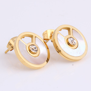 <b>Stud</b> <b>Earrings</b> 14MM Round Gold Shell Inlaid Bezel Setting Geometric Design Women's Fashion Jewelry - Product Image 2