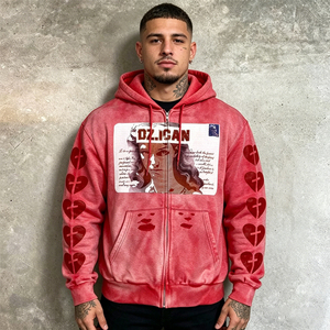 Sweat à capuche zippé unisexe personnalisé, style streetwear, imprimé graphique vieilli, en molleton épais, effet délavé vintage, coupe oversize pour homme - Product Image 1