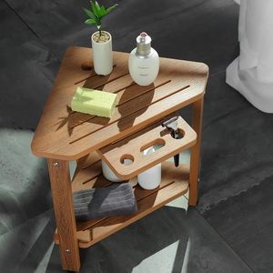Jin Chen Wooden Bathroom <b>Shelf</b> Double Layer <b>Corner</b> Storage Rack With Soap Dish And Drain Bracket For Shower Or Bathtub Area - Product Image 3