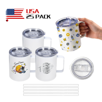 Mug à café isotherme double paroi en acier inoxydable de 12 oz avec poignée et couvercle, lot de 25, entrepôt USA