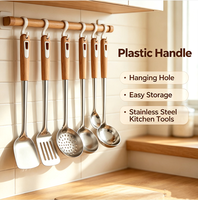 Ensemble de 6 ustensiles de cuisine en acier inoxydable, écologiques, finition miroir, manche en plastique imitation bois, pour la maison, la cuisine et les restaurants