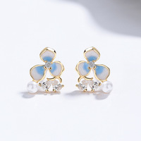 Blumen-Perlen-Ohrstecker 925 Sterling Silber Zirkon Süße Zarte Ohrringe