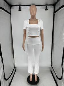 2024 Offre Spéciale printemps couleur unie deux pièces pantalon ensemble été femmes ensemble à manches courtes haut court + taille haute pantalon ensemble - Product Image 3