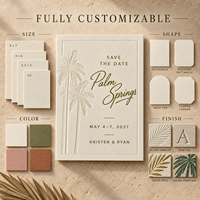 Cartes de réservation de date motif palmier tropical, impression dorée en relief, couleur et taille personnalisées pour invitations de mariage en destination sur la plage