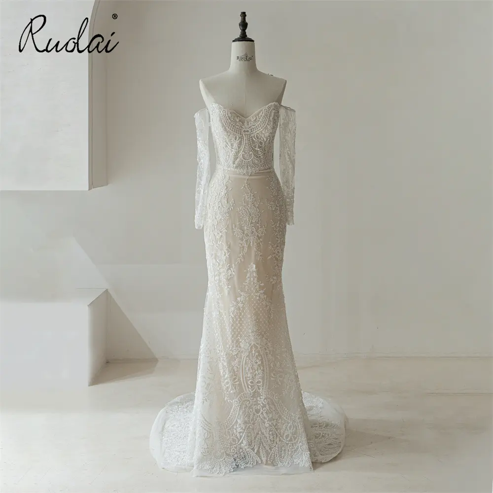 Ruolai QW01961 Mermaid Lace Removable Sleeves Sweetheart Neckline Lace Up Back Beaded Luxury Elegant Wedding Dress Dresses