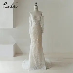 Ruolai QW01961 Mermaid Lace Removable Sleeves Sweetheart Neckline Lace Up Back Beaded Luxury Elegant Wedding Dress Dresses