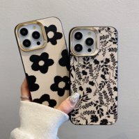 Luxe noir fleur impression motif souple TPU cuir Protection antichoc couverture téléphone étui pour iphone 16 Pro Max 15 Pro 14 13 12