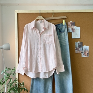 Camisa a Rayas de Manga Larga Básica para Mujer A757 en Tela Suave y Transpirable Tipo Seda con Cuello Camisero para Uso Casual de Primavera/Verano - Product Image 1